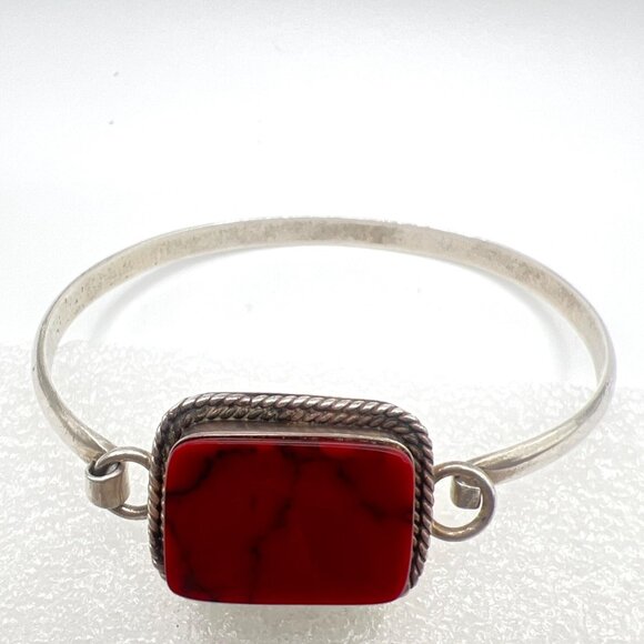 Sterling Silver Mexico 925 Red Stone Bangle Bracelet 6.5" - Picture 8 of 8